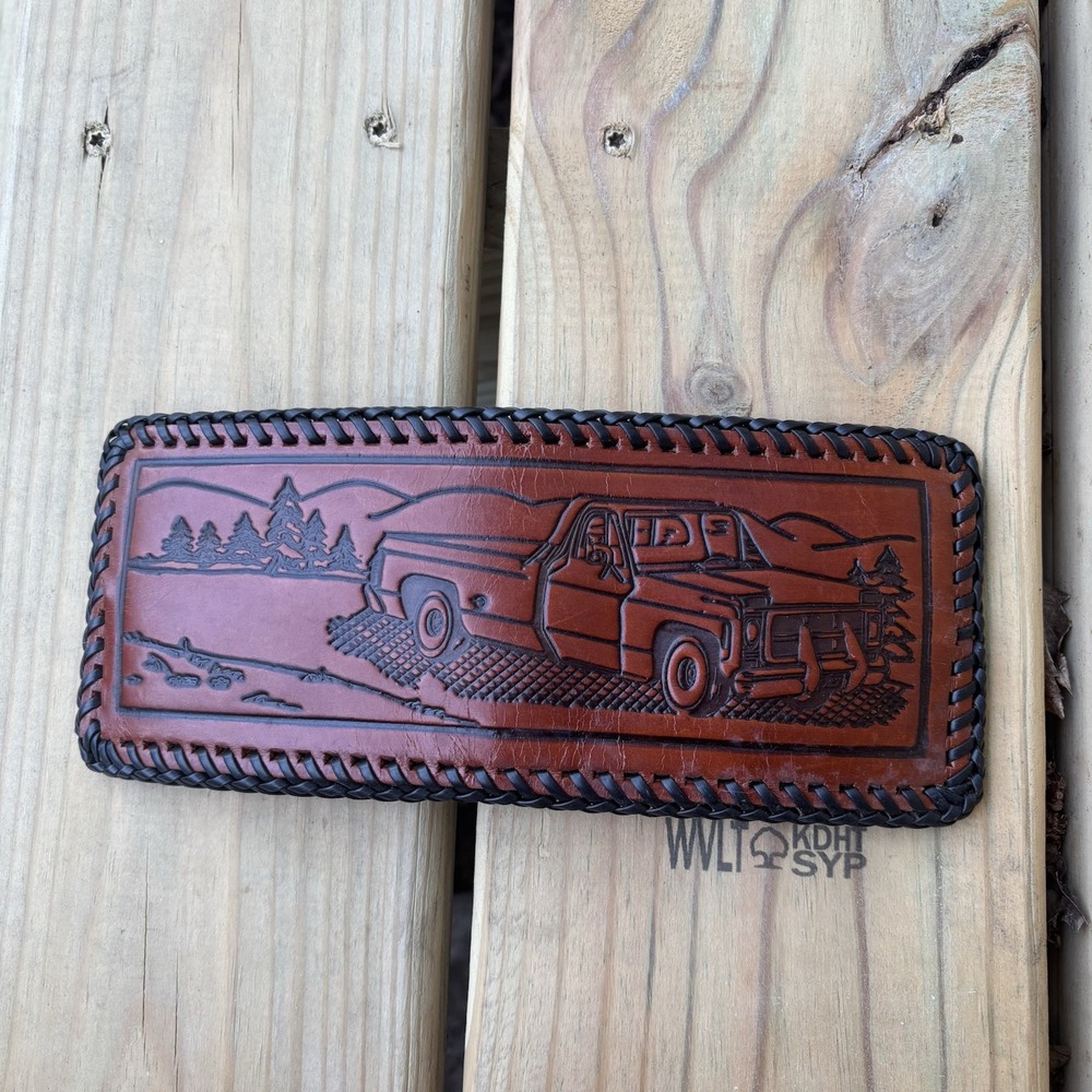 Vintage Leather Wallet Truck USA Scene Nature Sportsman Hand Tooled Whipstitch